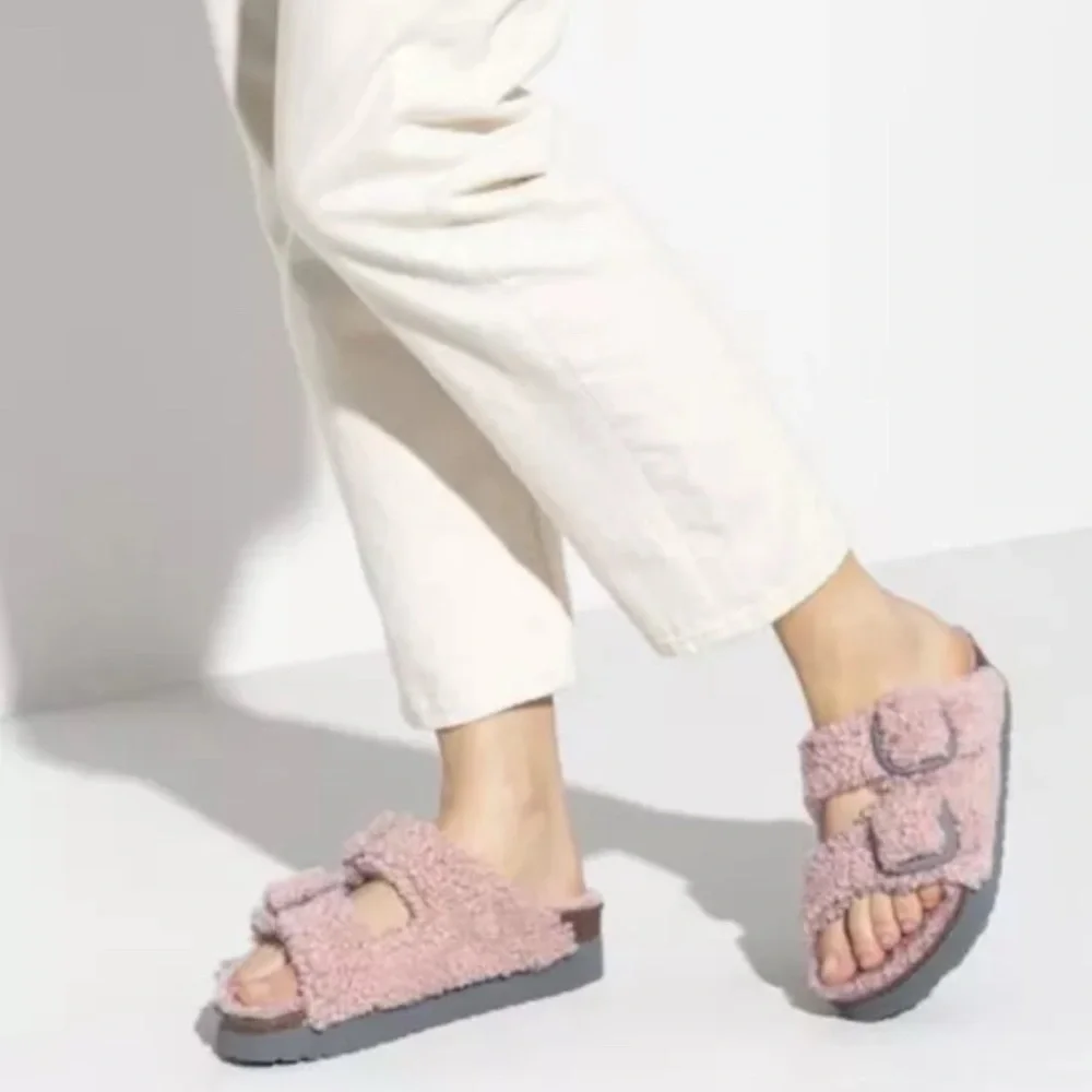 BIRKENSTOCK Papillio Arizona Rosa Pink Teddy Big Buckle Shearling Sandals Sz 39